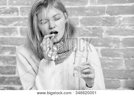 Girl Suffer Fever And Take Medicine. Headache And Fever Remedies. What To Know About Breaking Fever.