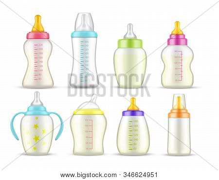 Baby Feeding Bottles, Vector Realistic Mockup Templates Set. Newborn Baby Bottles Of Different Types