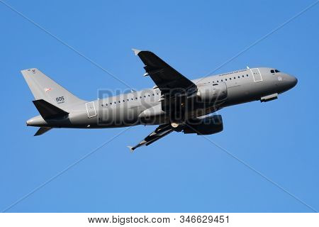 Budapest / Hungary - July 3, 2019: Hungarian Air Force Airbus A319 605 Transport Passenger Plane Dep