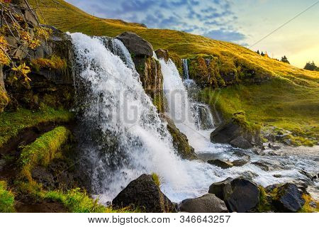 Lower Gluggafoss Waterfall In The Southern Part Of Iceland. A Cascading Waterfall
