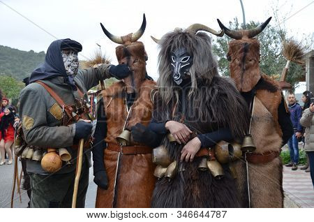 Teulada, Sardinia - 02.18.2018: Traditional Masks Of Sardinia