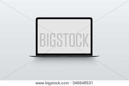 Laptop With Blank Computer Screen On Background. Front View Notebook Mock Up. The Display Is Opened 