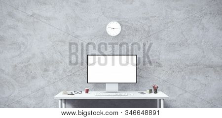 New Computer Display And Office Tools On Desk. Blank Desktop Computer Screen. Modern Creative Worksp