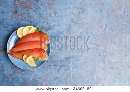 Beautiful Tropical Red Sea Fish Pearly Razorfish On A Blue Background. Galan Fish Xyrichtys Novacula