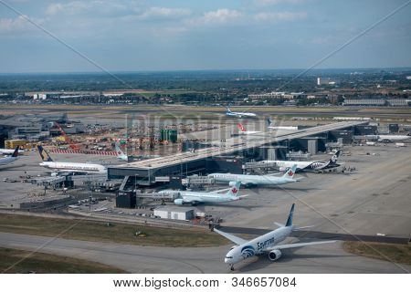 Heathrow, Great Britain - August 15, 2019: Aerial view of Heathrow international airport at day time