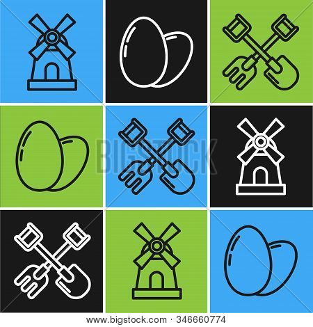 Set Line Windmill, Shovel And Rake And Chicken Egg Icon. Vector