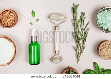Modern Cosmetics Accessoires And Ingredients On Grey Background. Flat Lay Style.