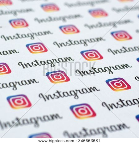 Instagram Pattern Printed On Paper With Small Instagram Logos And Inscriptions. Instagram Is America