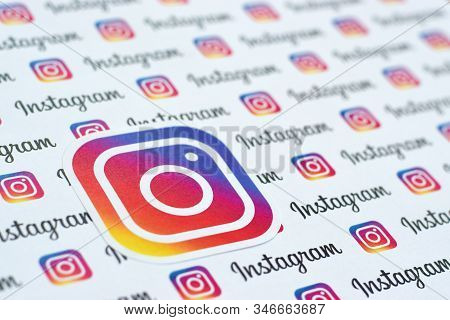 Instagram Pattern Printed On Paper With Small Instagram Logos And Inscriptions. Instagram Is America