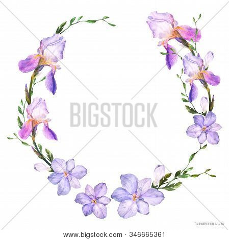 Decorative Watercolor Wreath With Iris And Freesia Flowers On A White Background