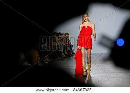 Kyiv, Ukraine - February 1, 2019: Model Presents A Creation By Designer Aliona Bettyar (brand A.m.g.