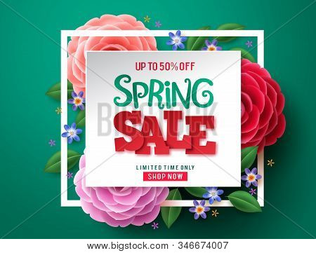 Spring Sale Flowers Vector Design. Spring Sale Discount Text And Colorful Camellia Flowers In White 