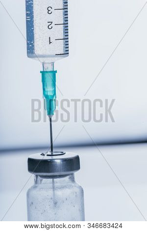 Medicine, Injection, Vaccine And Disposable Syringe, Drug Concept. Sterile Vial Medical Syringe Need