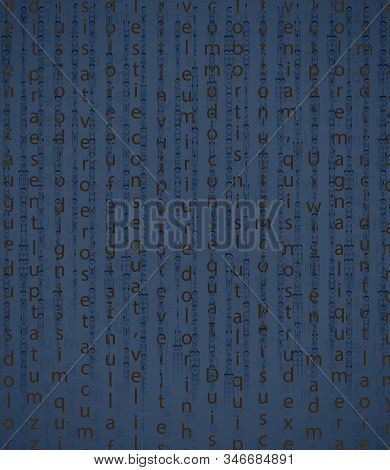 Table Of Cryptographic Text. Golden Symbols On A Blue Background. The Falling Letters And Signs With