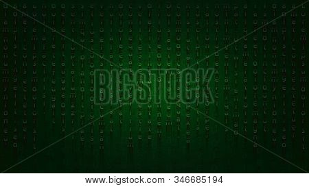 Fantastic Encoding With Falling Letters. Stylish Dark Green Background For Banners And Prints In The