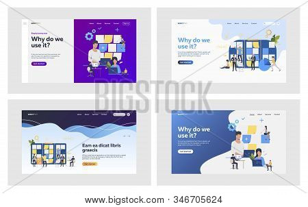 Office Employees Planning Tasks Set. Managers Sticking Notes, Working At Board. Flat Vector Illustra