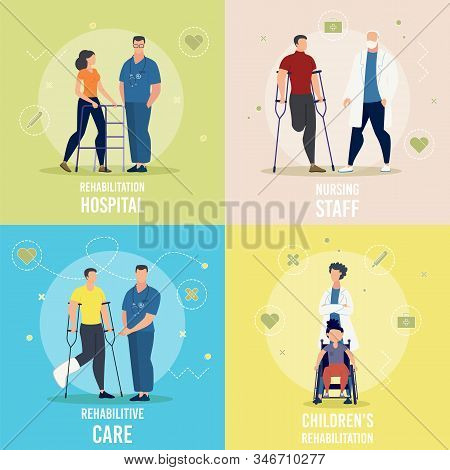Medical Care, Nursing Service, Childrens Rehabilitation In Hospital Trendy Flat Vector Square Concep