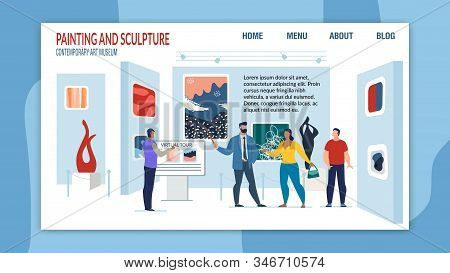 Paintings And Sculpture Exhibition In Art Museum. Responsive Landing Page Layout Design With Gallery