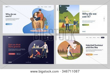 Set Of Family Spending Leisure Time Together. Flat Vector Illustrations Of People Hiking In Forest. 