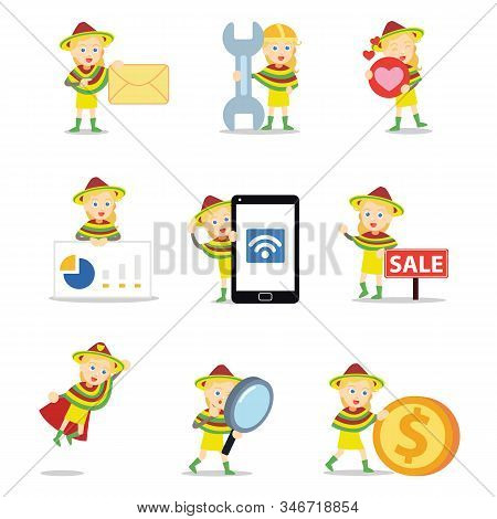 Set Of Character Woman In Colorful Gringo Dress.