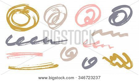 Sketch Scribble Doodle Pink Gold Gray Graphic Design Vector Elements.  Draft Marker Traces. Paint Br