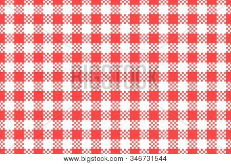 Wide Red Checkered With White Seamless Pattern. Vector Stock Repeating Texture Background. Kitchen S