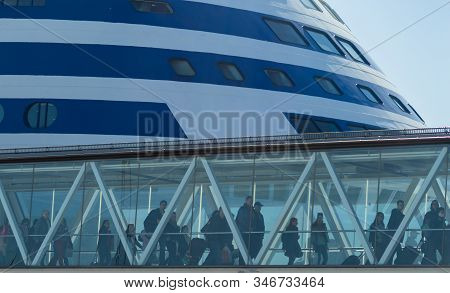 22 April 2019, Stockholm, Sweden. Passengers Leave The Ferry At The Port Terminal Vartahamnen In Sto
