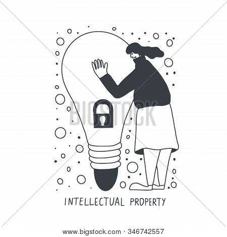 Intellectual Property Concept. Young Woman Dressed In Skirt And .sweater Trying To Protect Her Idea 