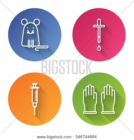 Set Line Rat, Pipette, Syringe And Rubber Gloves. Color Circle Button. Vector