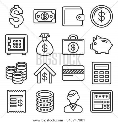 Money And Banking Icon Set. Line Style Vector