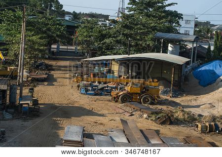 Automobile Crane With Risen Telescopic Boom Outdoors. Mobile Construction Crane On A Constructin Sit