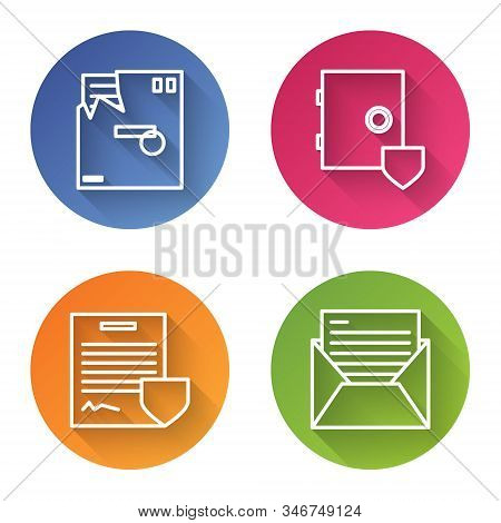 Set Line Ordered Envelope, Safe With Shield, Contract With Shield And Mail And E-mail. Color Circle 