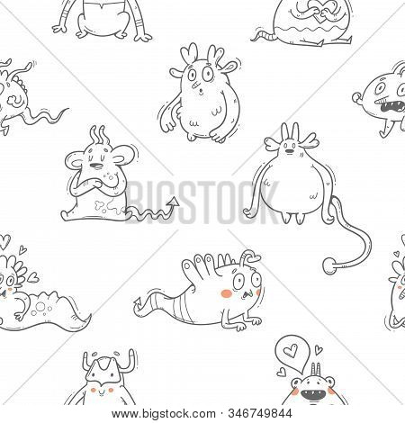 Vector Seamless Pattern With Monsters On White Background. Cute Cartoon Fantastic Animals. Doodle St