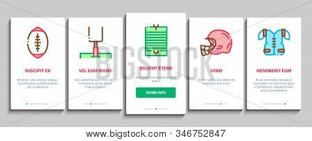 Rugby Sport Game Tool Onboarding Mobile App Page Screen Vector. Rugby Ball And Gates, Athlete Protec