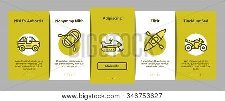 Extreme Sport Activity Onboarding Mobile App Page Screen Vector. Bike And Crash Helmet, Parachute An