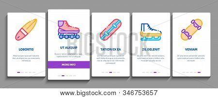 Extreme Sport Activity Onboarding Mobile App Page Screen Vector. Bike And Crash Helmet, Parachute An