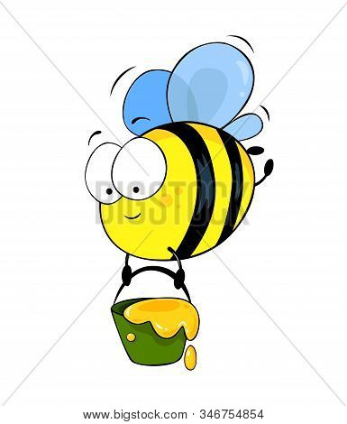 Cute Cartoon Bee With Bucket Of Honey. Funny Illustration For Your Design.