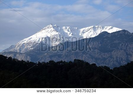 Landscape With View Of Western Tavr With Tahtali Peak Covered With Clean White Clean Snow. Tahtali I