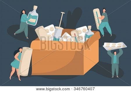 Tiny People Filling Cardboard Donation Box With Different Medicamente. Different Pills Bottles, Heal