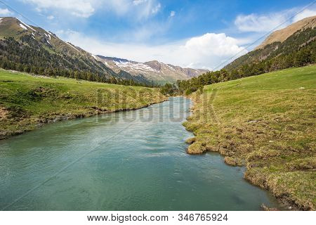 Marfa River With Turquoise Transparent Water. Caucasus Mountains Spring Landscape. Karachay-cherkess
