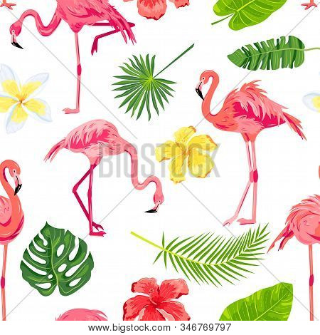 Pink Flamingos, Jungle Leaves And Tropical Flowers Seamless Pattern. Vector Illustration.