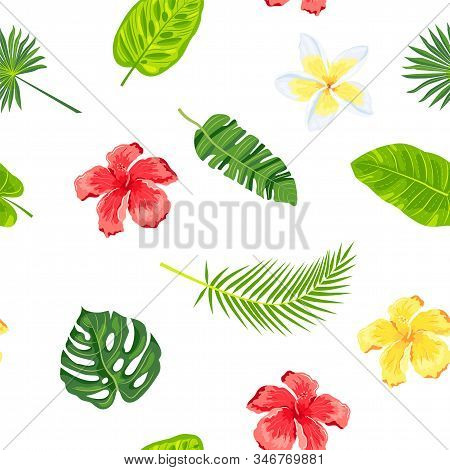 Jungle Leaves And Tropical Flowers Seamless Pattern. Vector Illustration.