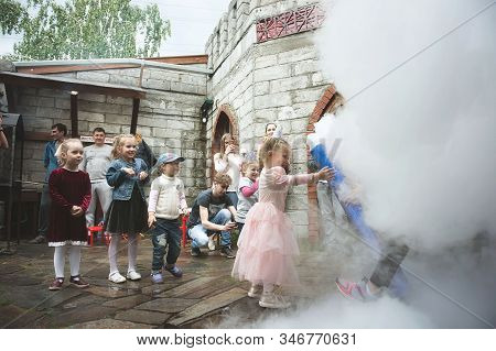 Perm/russia - June, 29, 2017: Experiments With Dry Ice For Children. Chemical Experiments. Birthday 