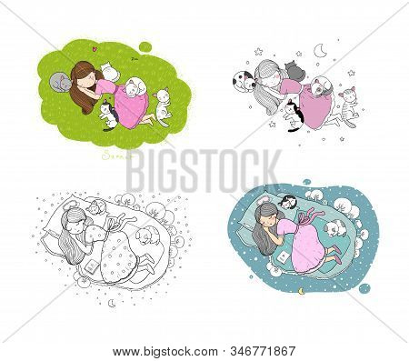 Girl In Bed Is Going To Sleep. Good Night. Sweet Dreams. Bed Linens. Woman And Cat.