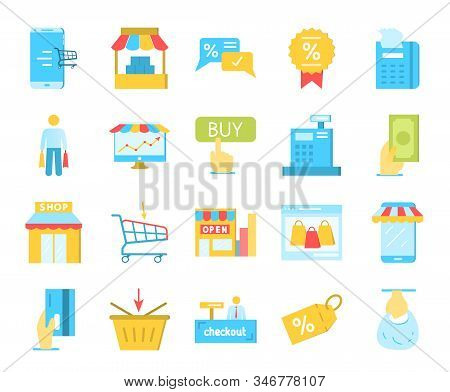 Large Collection Of Twenty Shopping Icons Depicting Stores, Shops, Merchandise, Sales Tags, Payment,