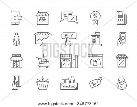 Large Collection Of Twenty Simple Shopping Icons Depicting Stores, Shops, Merchandise, Sales Tags, P