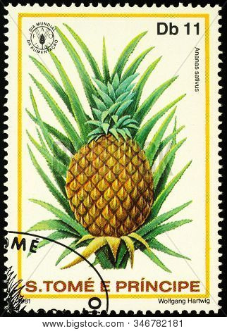 Moscow, Russia - January 22, 2020: Stamp Printed In Sao Tome And Principe Shows Pineapple, Or Ananas