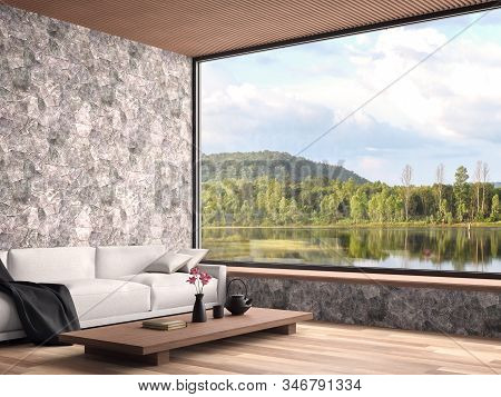 Contemporary Living Room With Nature View 3d Render,the Rooms Have Wooden Floors, Natural Stone Wall