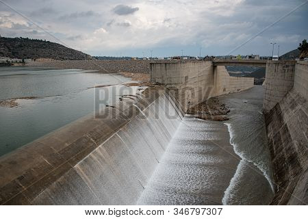 The Overflow Of The Dam Of Kouris Which Is The Largest Dam In Limassol District,  Cyprus.