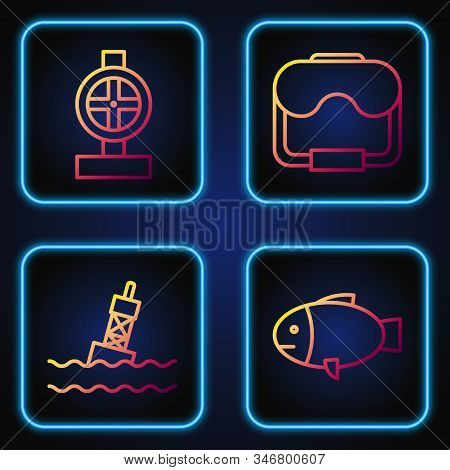 Set Line Fish, Floating Buoy On The Sea, Industry Metallic Pipes And Valve And Diving Mask. Gradient